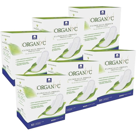 Organyc 100% Certified Organic Cotton Feminine Pads, Sanitary Napkin, Heavy Flow, 10 Count (Pack of 6)