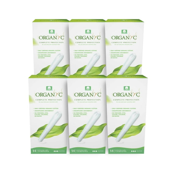 Organyc - 100% Certified Organic Cotton Tampons - Cardboard Applicator, Free from Chlorine, Perfumes, Rayon, and Chemicals. Super Flow, 14 Count (Pack of 6).