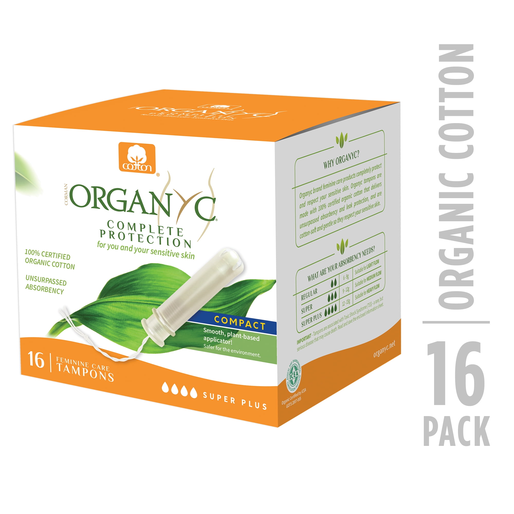 Organyc 100% Certified Organic Cotton Tampons with Organic-Based Compact Applicator, Super Plus 16 Ct