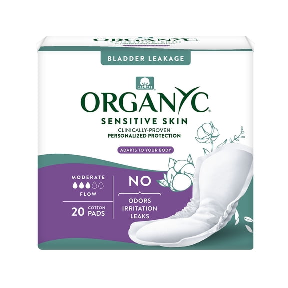 Organyc - 100% Organic Cotton Incontinence Pads for Bladder Leaks - Certified Odor Control, FSA/HSA Eligible, Moderate Flow, Regular Absorbency, 20 Count