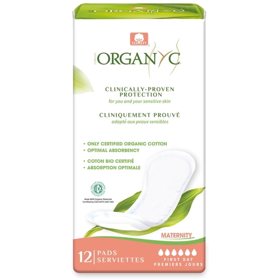 Organyc Hospital Postpartum Pads, 100% Certified Organic Cotton Inside and Out for Women, for First Days After Delivery, 12 Counts