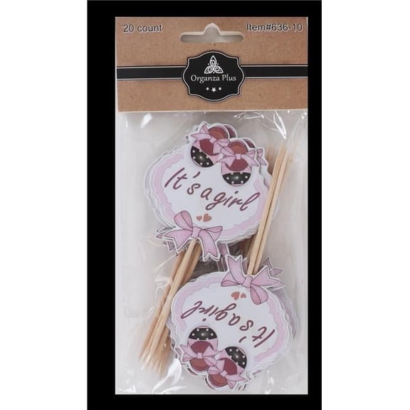 Organza 636-10 Pink Round Its A Girl Toothpicks for Cake Decoration - Pack of 18