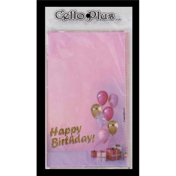 Organza 7848 6 x 10 in. Pink Happy Birthday Balloons Cellophane Bags - Pack of 25