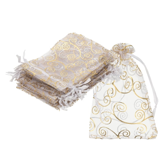 Uxcell Organza Bags, Candy Bags Mesh Bag with Drawstring for Party and Festival White-Gold 3.14 in