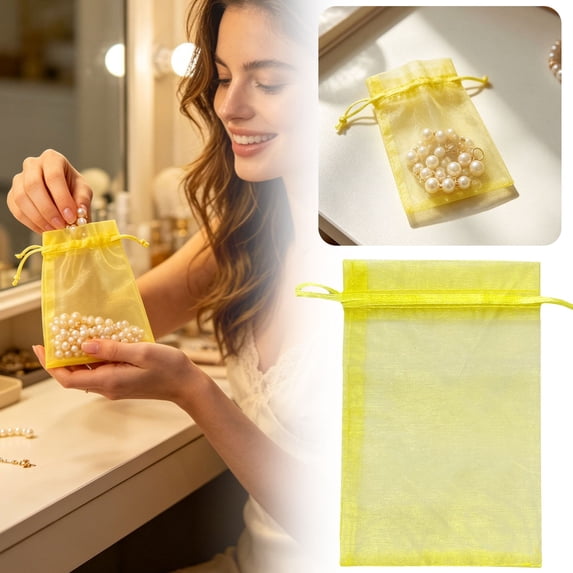 Organza Bags, Premium Sheer Jewelry Bags, 5.9x3.9 Inch Small Drawstring Bags, 100 Pcs Mesh Bags, Gift Bags, Wedding Favor Bags, Bag Drawstring for Candy Jewellery Wedding Graduation, Yellow