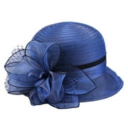 Organza Church Fascinator Wedding Tea Party Derby Hats for Women Flower Wide Brim Sun Hat - BLUE