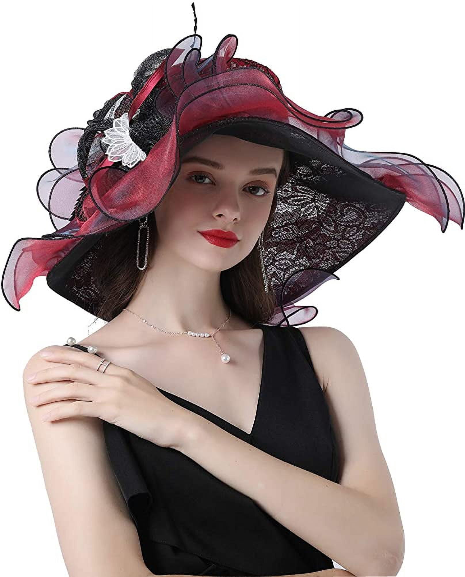 Derby Hat Set Wide Brim Organza Sun Church Hat Feather Floral Fascinator Tea M22019FV (Lilac Fuchsia pink Lime green) Kentucky Derby hat  main image 2