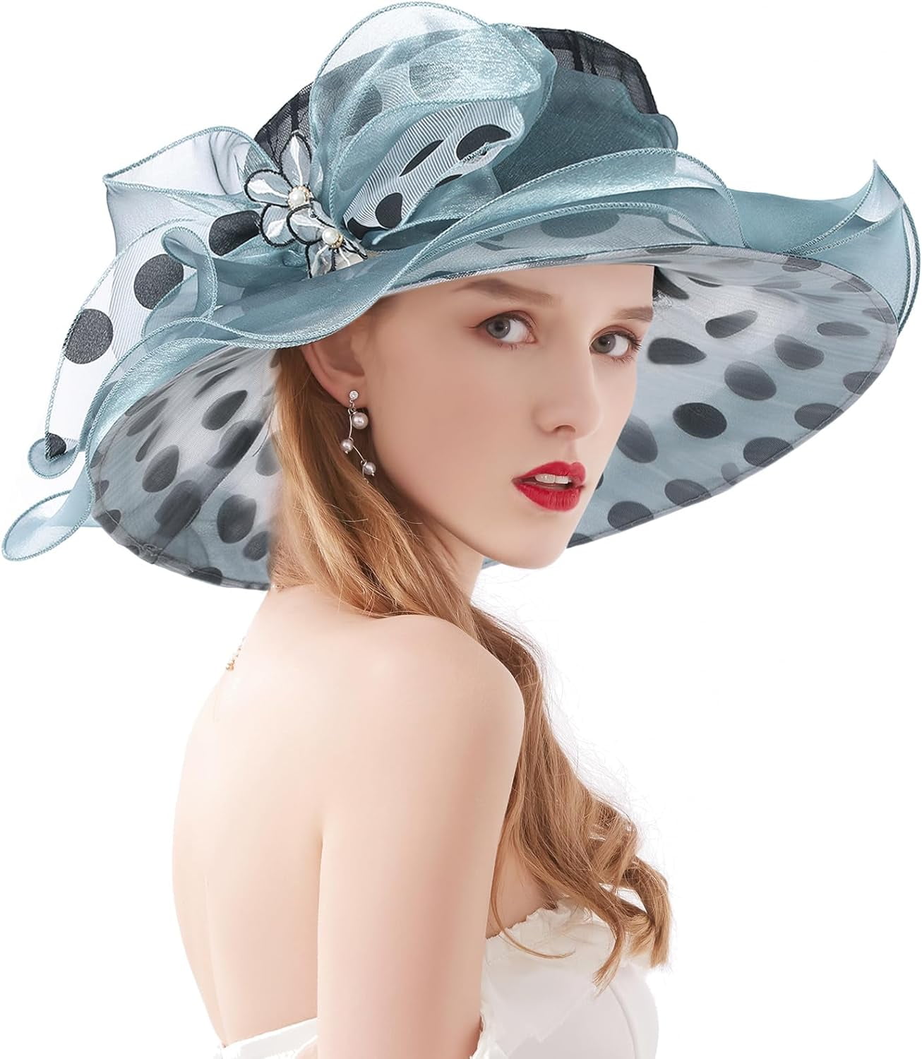 Wide Brim Polka Dot Organza Church Fascinator Wedding Hat Lroveb Fascinators Hats for Women Elegant Flower Polka Dot  main image 3