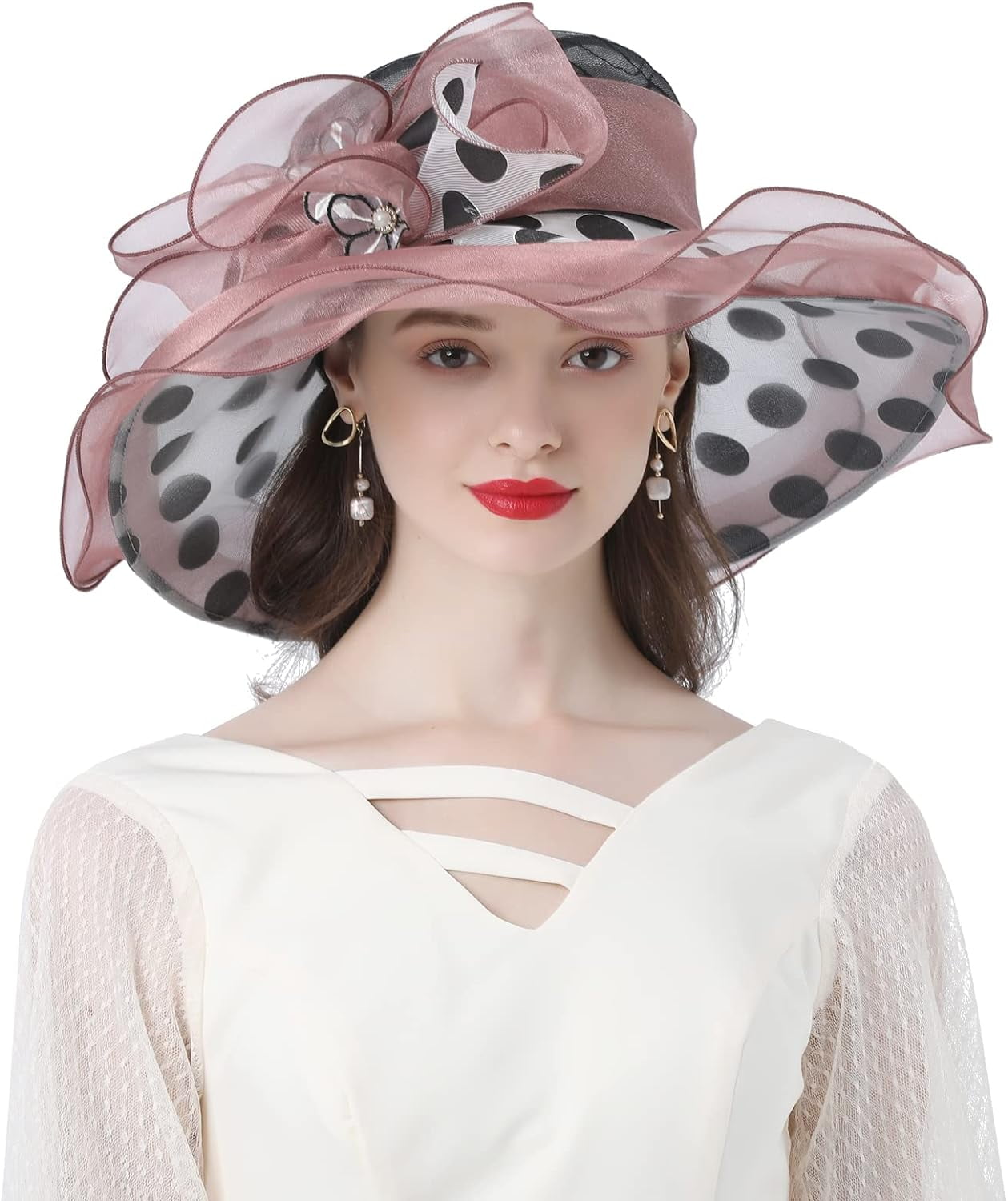 Wide Brim Polka Dot Organza Church Fascinator Wedding Hat Lroveb Fascinators Hats for Women Elegant Flower Polka Dot  main image 4