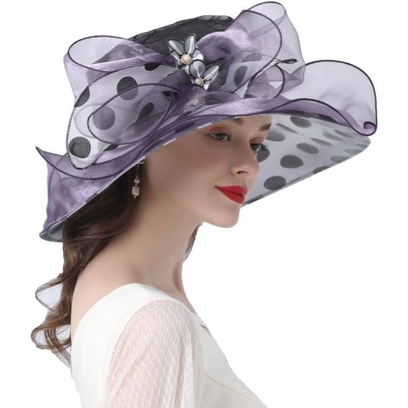 Organza Church Hat Polka Dot Fascinator Wedding Tea Party Derby Hats for Women Flower Wide Brim Hat
