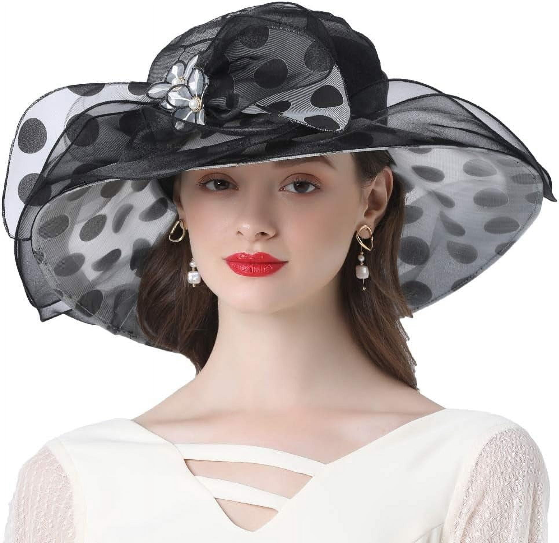 Wide Brim Polka Dot Organza Church Fascinator Wedding Hat Lroveb Fascinators Hats for Women Elegant Flower Polka Dot  main image 2