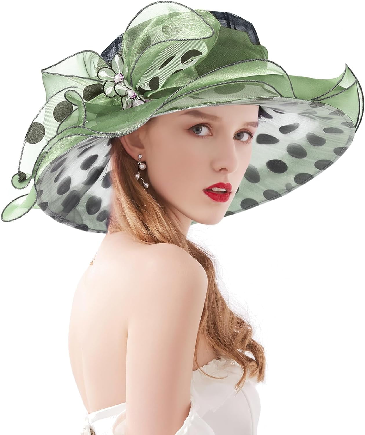 Women Organza Church Tea Party Hats Floral Green Women Derby Church Hat Organza Flower Wedding Tea Party  main image 4