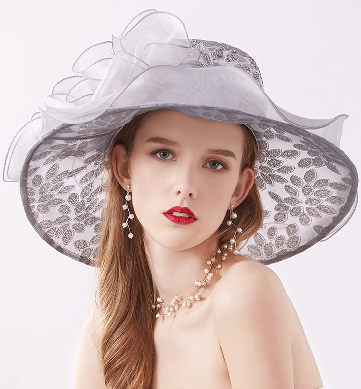 Vintage Straw Fedora Wide Brim Hat for Women Church Tea Party Formal Occasions Women Church Hat Organza Flower Wide Brim Fascinator Hats  main image 2