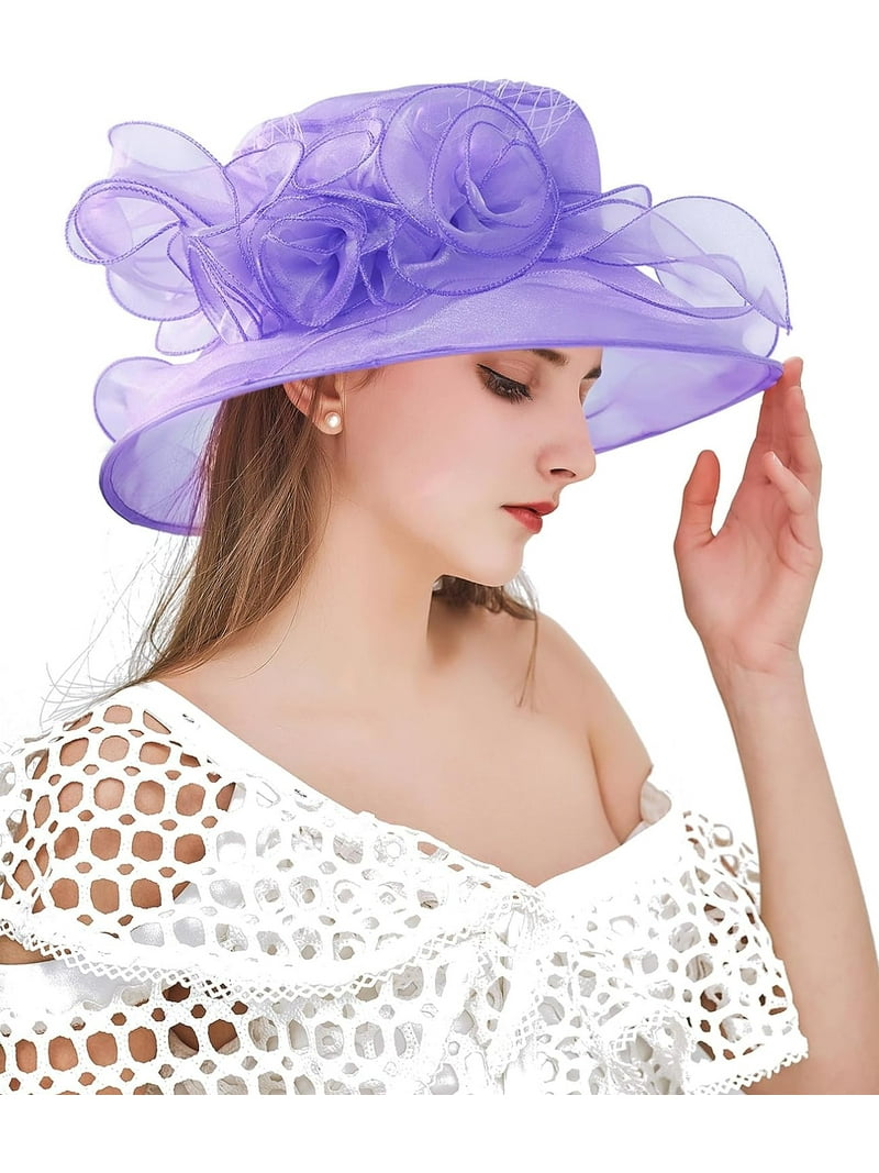 Women Organza Church Tea Party Hats Floral Purple Amazon.com: Women Organza Kentucky Sun-Hats - Wide-Brim  main image 2