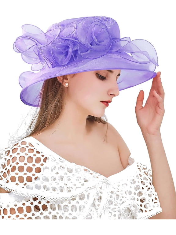 Organza Church Hat Wedding Tea Party Derby Hats for Elegant Women Flower Wide Brim Sun Hat