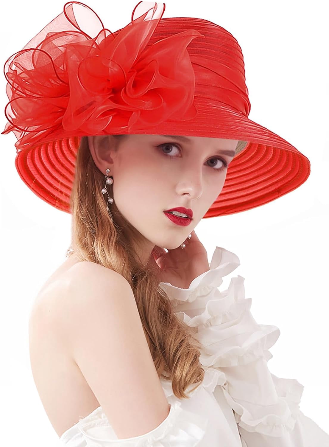 Derby Hats for Women, Classy Organza Sun Hat, Red Wide Brim Organza Red Lace Women main image 3