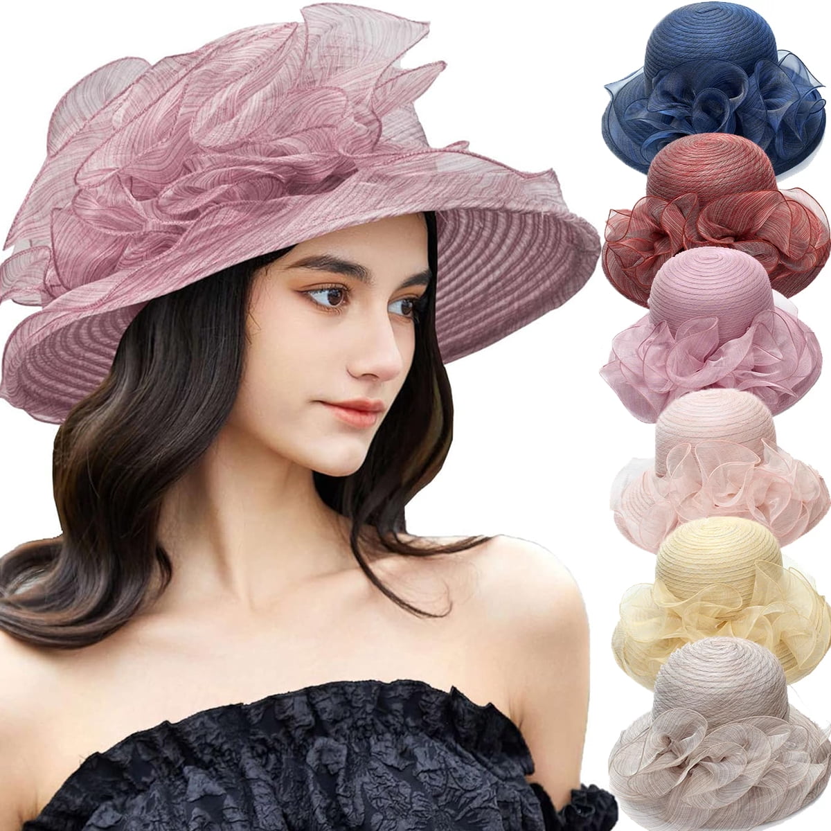 2738 Women Organza Fascinator Hats For Wedding Cocktail Fancy Floral Derby Womens Wide Brim Large Derby Fascinator Hat Organza Church  main image 2