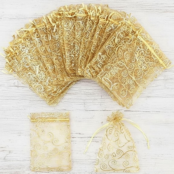 Organza Gift Bags 100Pcs Gold Sheer Organza Bag 4x6 Inch Drawstring Jewelry Rattan Printed Gift Pouches Mesh Favor Bags for Wedding Party Favors Couple Shower Christmas Gifts Candy Bags