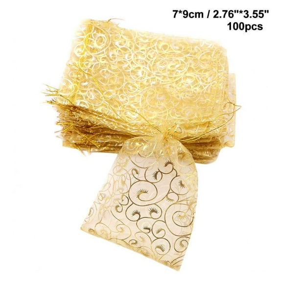 Organza Gift Bags 100Pcs Gold Sheer Organza Bag Mesh Favor Bags Drawstring Jewelry Rattan Printed Gift Pouches for Wedding Party Favors Couple Shower Christmas Gifts