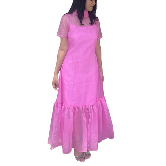 Modern Womens Pink High Neck Organza Gown with Ruffle Hem – Perfect Gift for Her