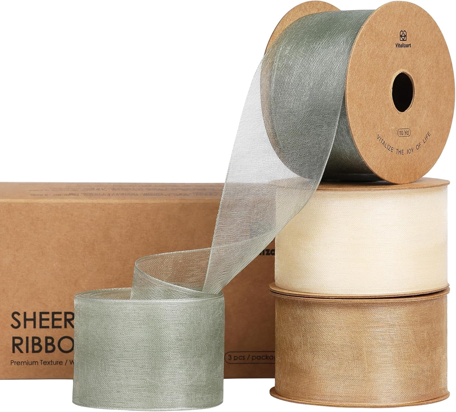 Organza Ribbon 1.5" x 30 Yd Cream White Rose Gold & Dusty Green Sheer Ribbons for Gift Wrapping Crafts Christmas Party Decor Bows Wedding Invitations Wreaths Bouquet