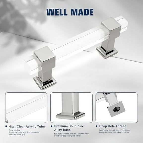 Orger Acrylic Cabinet Handles 10 Pack Modern Cabinet Hardware Drawer Pulls 4 Inch Hole Centers with Clear Square Tube Cabinet Pulls and Polished Chrome Base for Kitchen Cabinets