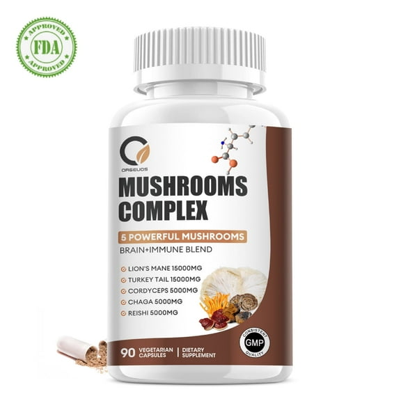 Orgeuos Mushroom Complex Supplement - 90 Capsules - 5 Powerful Mushrooms - Immune Support & Brain Supplements for Memory & Focus