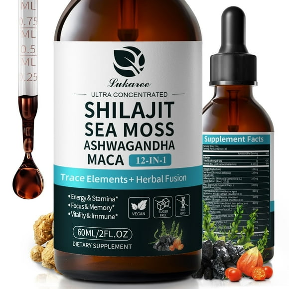 Shilajit Liquid Drops with Sea Moss, Ashwagandha, Fulvic Acid, Liquid Vitamins Supplement for Men Women, Energy, Antioxidant, Immune Support, 60ML/2 FL Oz