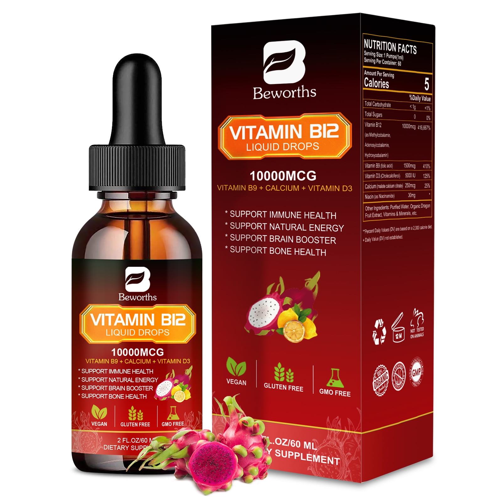 Orgmax Vitamin B12 Sublingual Liquid Drops 10000mcg,with B9,D3,for