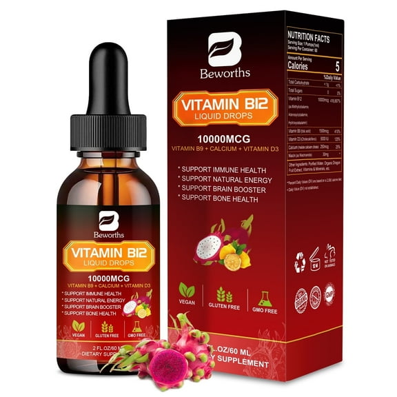 B BEWORTHS Extra Strength Vitamin B12 Sublingual Liquid Drops 10000mcg, with B9 & D3 for Energy & Immune Support, 2 fl oz