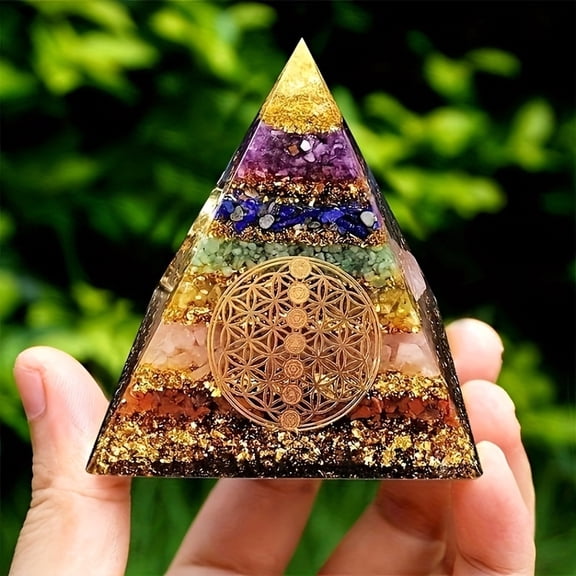 Orgone Pyramid Seven Chakra Crystal, Natural Stone Healing Tower for Meditation Reiki, Colorful Chip Decor for Yoga Room Desk Home Office Gift for Women