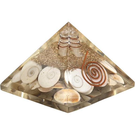 Orgone Pyramid with Gomti Chakra Shell and Healing Coil Quartz Point