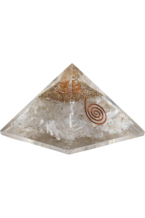 Orgone Pyramid with Selenite Crystal and Healing Coil Quartz Point