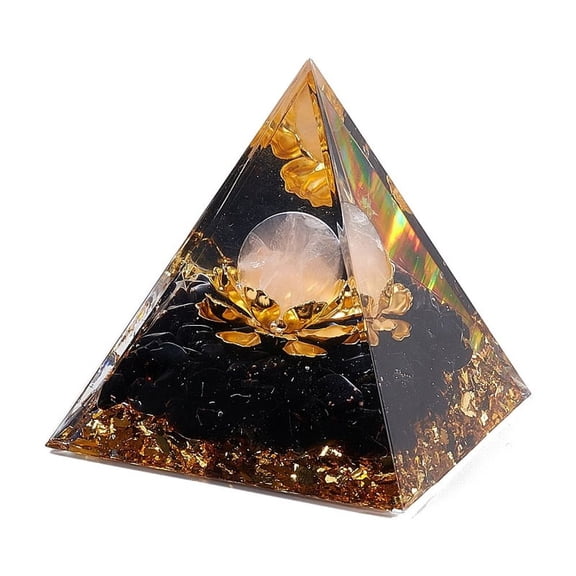 Orgonite Pyramid Resin Display Decorations with golden Foil and Natural Obsidian & Natural White Agate Chips Inside for Home Office Desk 50x50x51.5mm
