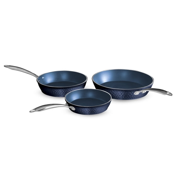 Orgreenic Ceramic Nonstick 3PC Saut & Frying Pan Cookware Set, 8", 10", 12", Hammered Blue