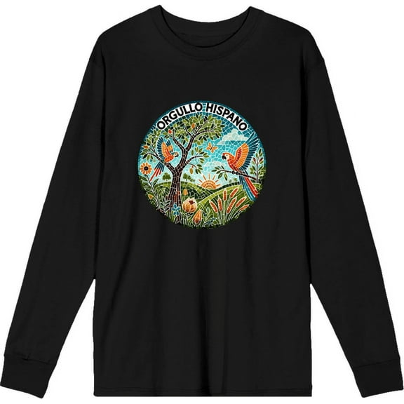 Orgullo Hispano Parrot Mosaic Adult Black Crew Neck Long Sleeve Shirt-XXL