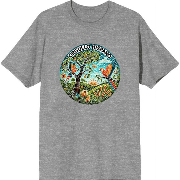 Orgullo Hispano Parrot Mosaic Adult Heather Gray Crew Neck Short Sleeve Tee-Medium