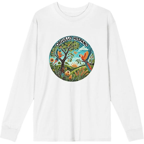 Orgullo Hispano Parrot Mosaic Adult White Crew Neck Long Sleeve Shirt-XXL