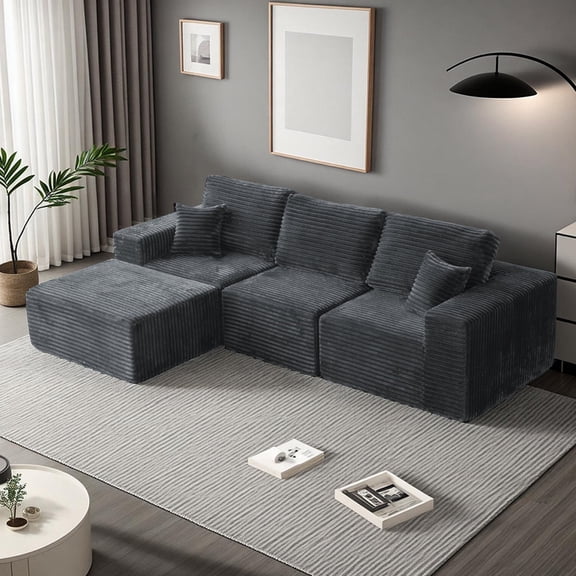 Orhopui 107" Cloud Modular Sectional Couch with Deep Seat, L-Shape Boneless Sofa with Oversized Chaise, Comfy Fluffy Couches for Living Room, Convertible, Layered Pillows, Plush Corduroy, Gray