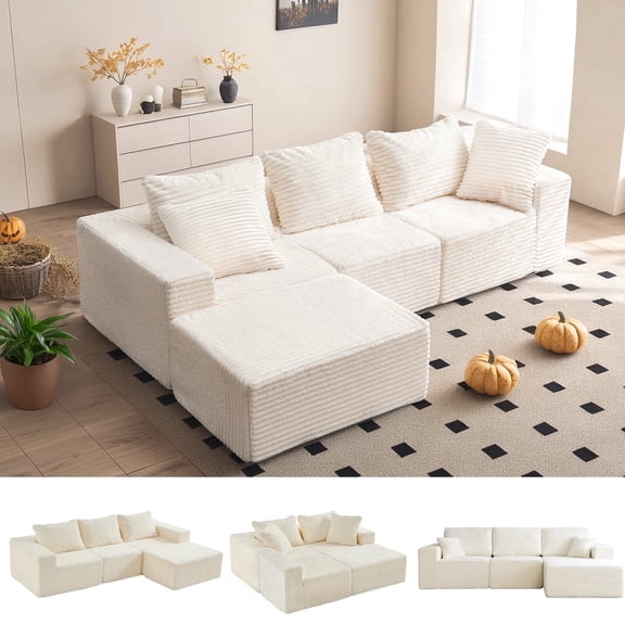 Orhopui 107" Cloud Modular Sectional Couch with Deep Seat, L-Shape Boneless Sofa with Oversized Chaise, Comfy Fluffy Couches for Living Room, Convertible, Layered Pillows, Plush Corduroy, Beige