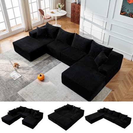 Orhopui 136" Cloud Modular Sectional Couch with Deep Seat, U-Shape Boneless Sofa with Oversized Chaise, Comfy Fluffy Couches for Living Room, Convertible, Layered Pillows, Plush Corduroy, Black