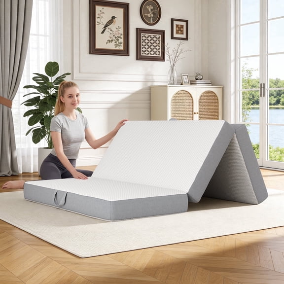 Orhopui Tri Folding Mattress Queen Size Foldable Mattress Memory Foam Mat with Washable Cover and Non-Slip Bottom Portable Floor Bed for Travel, Camping, Guest
