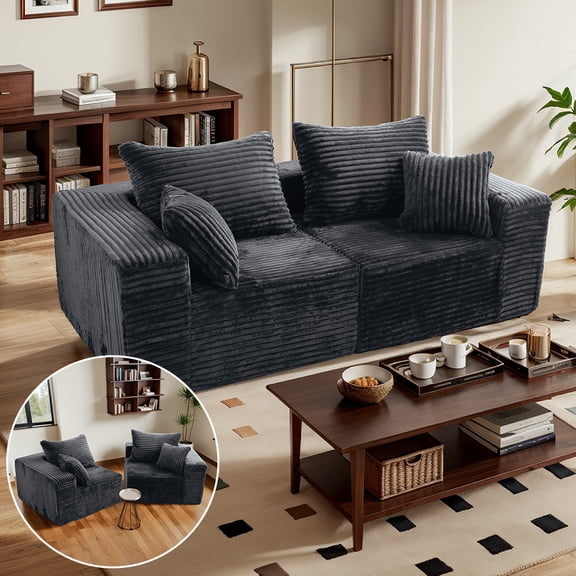 Orhopui  Two Seats Cloud Modular Sectional Couch with Deep Seat,Boneless Sofa with Oversized Chaise, Comfy Fluffy Couches for Living Room, Convertible, Layered Pillows, Plush Corduroy, Gray