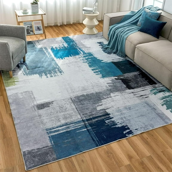 Orhopui Washable Area Rug for Living Room Blue+Gray, 4'x6' Non-Slip Neutral Abstract Indoor Rug - Soft Low Pile & Stain Resistant Carpet for Bedroom, Office, Dining Room, Nursery & Kitchen