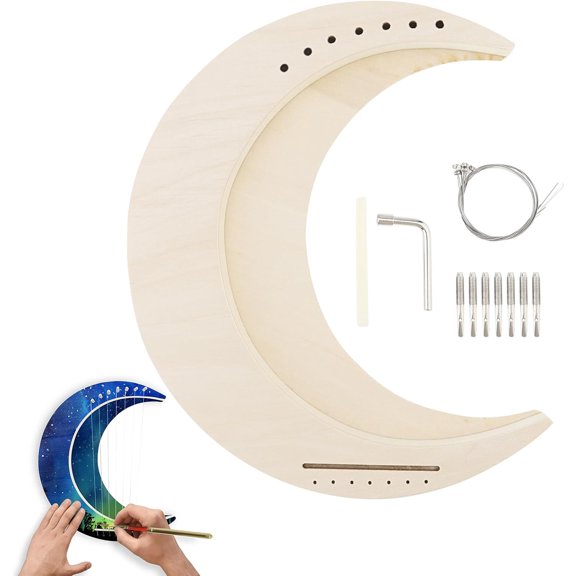 OriGlam Lyre Harp 7 String DIY, Moon Shaped Lyre Harp Musical Instrument, Wood String Instruments, Make Your Own Basswood