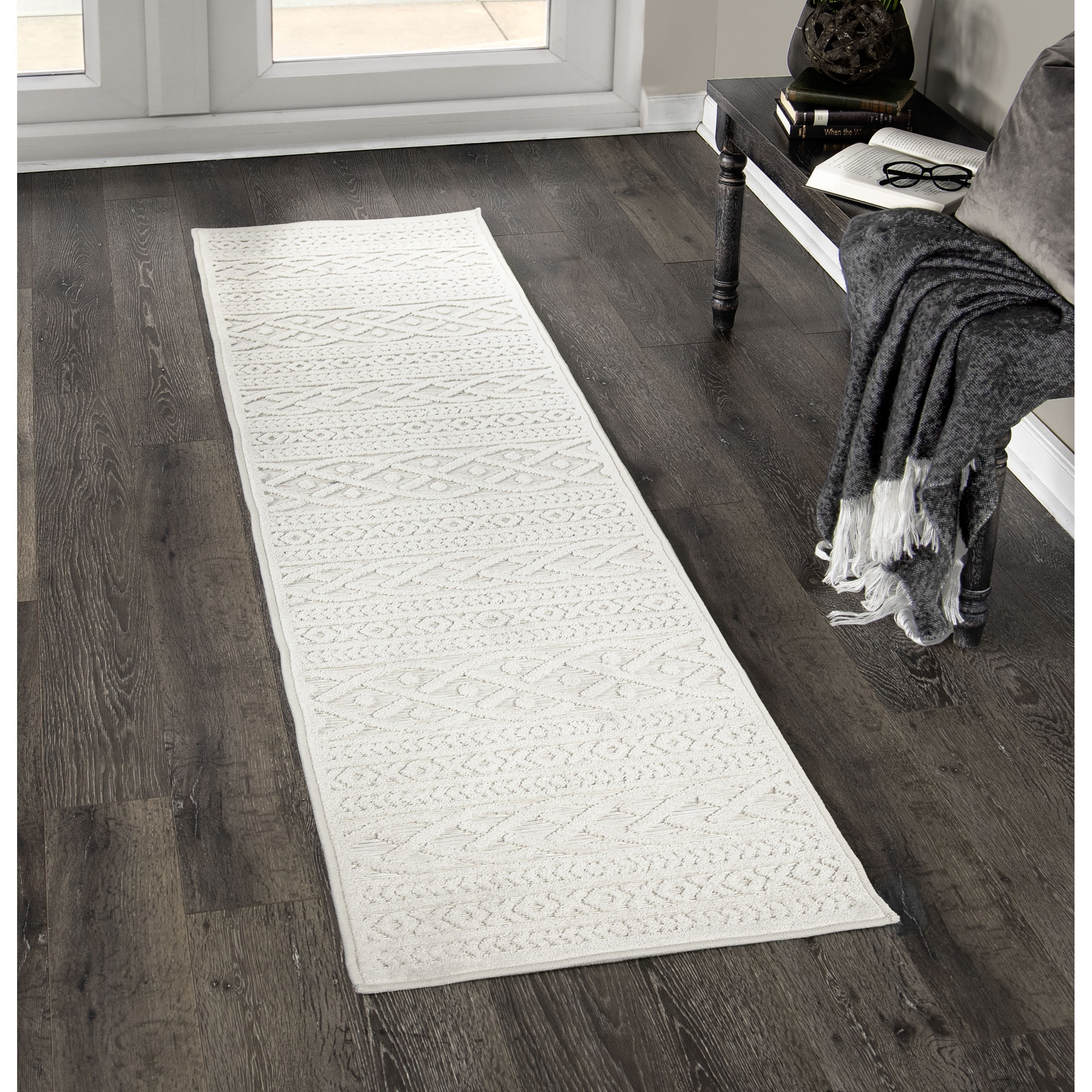 Ivory Braided Geometric Synthetic Indoor-Outdoor Runner Rug
