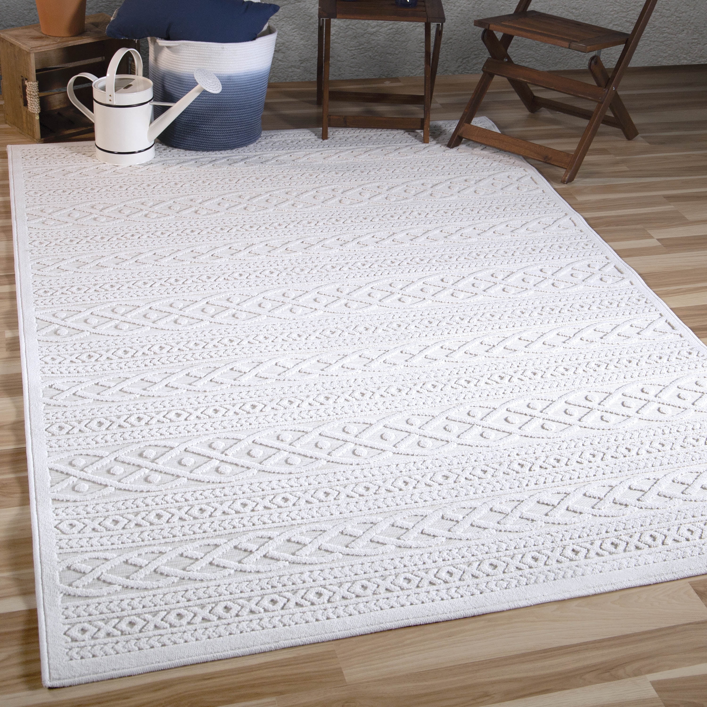 Ivory Braided Geometric Rectangular Synthetic Area Rug 9' x 13'