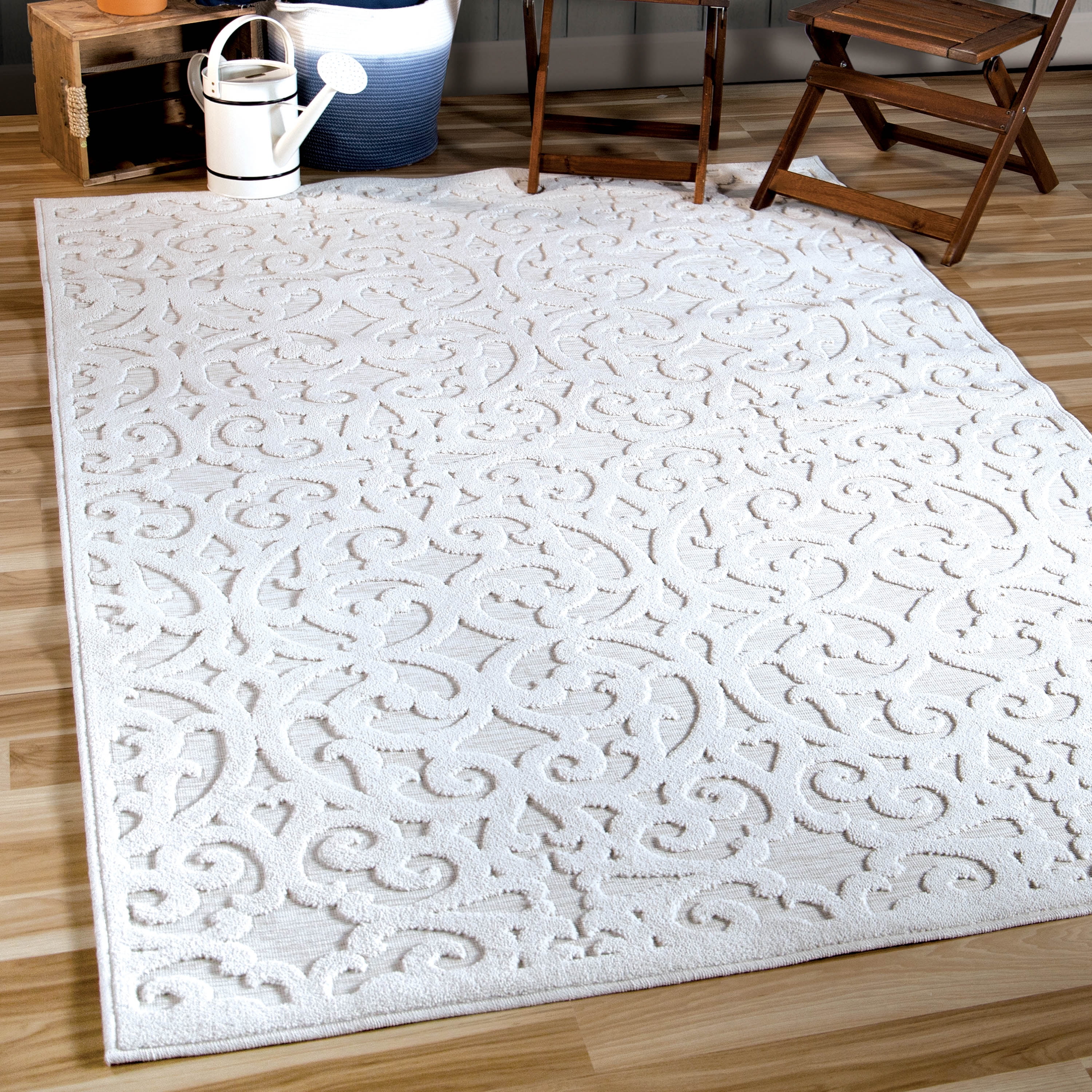 Natural Ivory Geometric Tufted Synthetic 9' x 13' Area Rug
