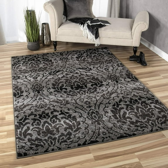 Orian Rugs Plush Pile Damask Norfolk Gray Area Rug (5'3" x 7'6")