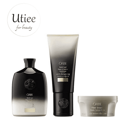 Oribe Gold Lust Repair & Restore Shampoo and Conditioner plus Fiber Groom Elastic Texture Paste (8.5/6.8/1.7 oz)